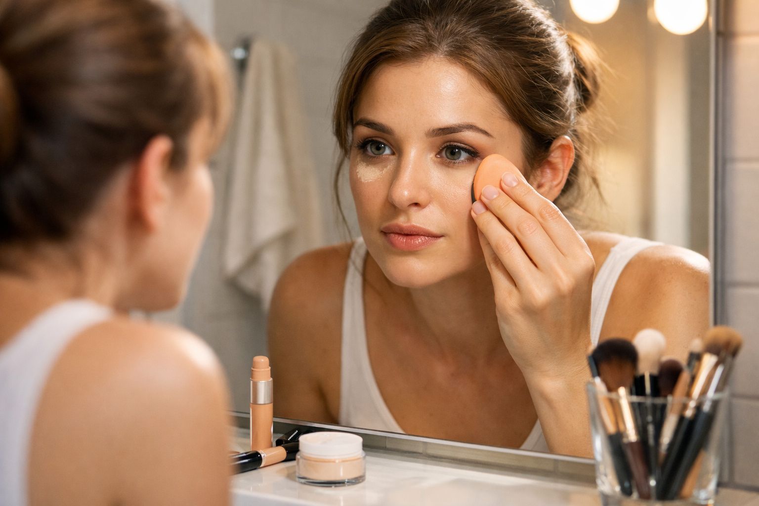 Mulher aplicando corretivo no rosto com esponja em frente ao espelho no banheiro.