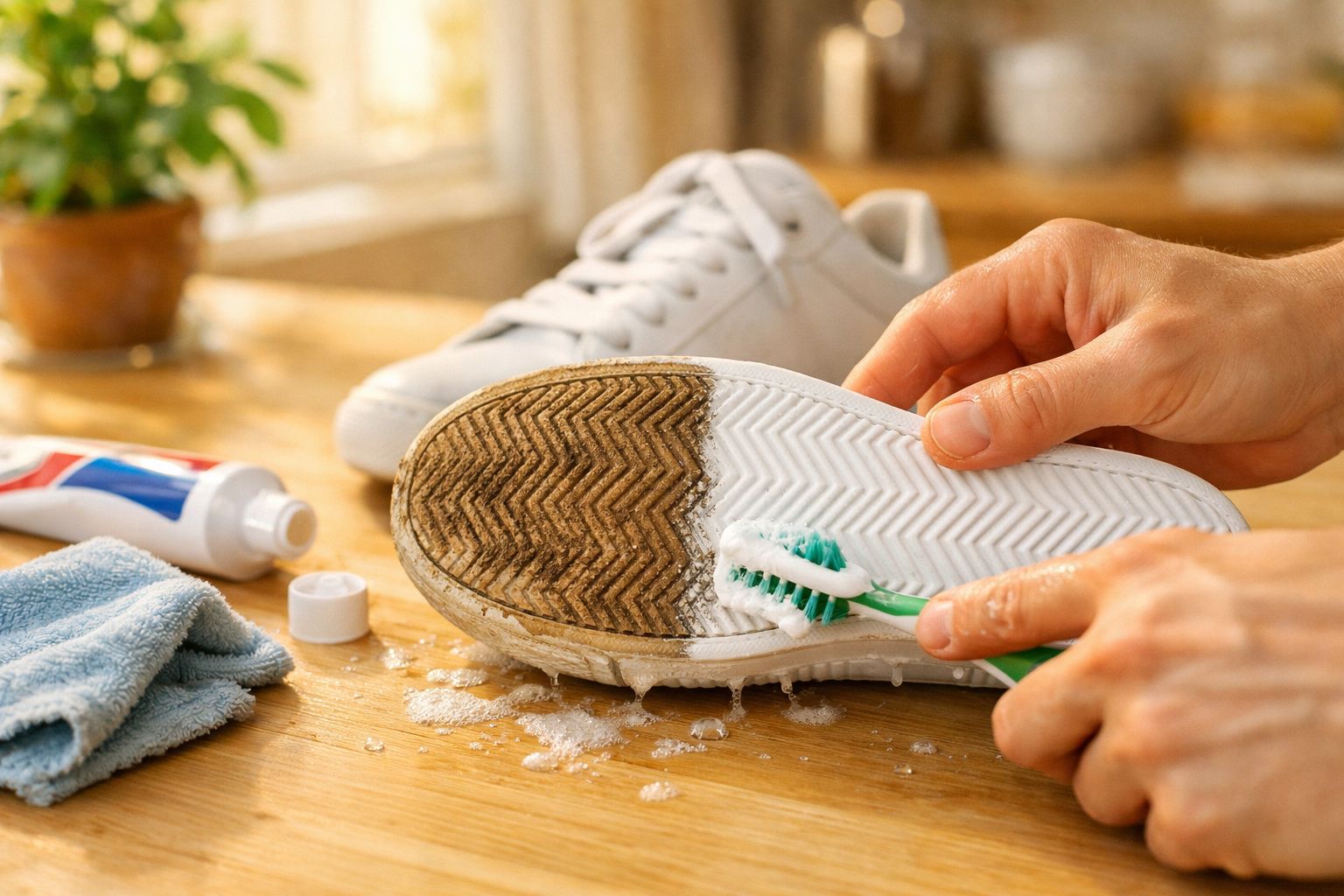 Pessoa limpando sola suja de tênis branco com escova de dentes, pasta e toalha azul.