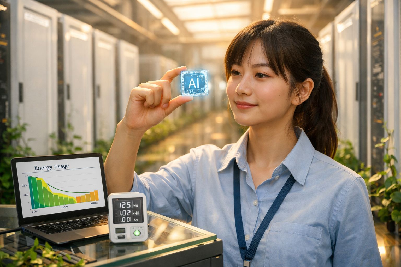 Mulher segura chip azul com símbolo de IA em laboratório com gráficos e equipamentos tecnológicos ao redor.