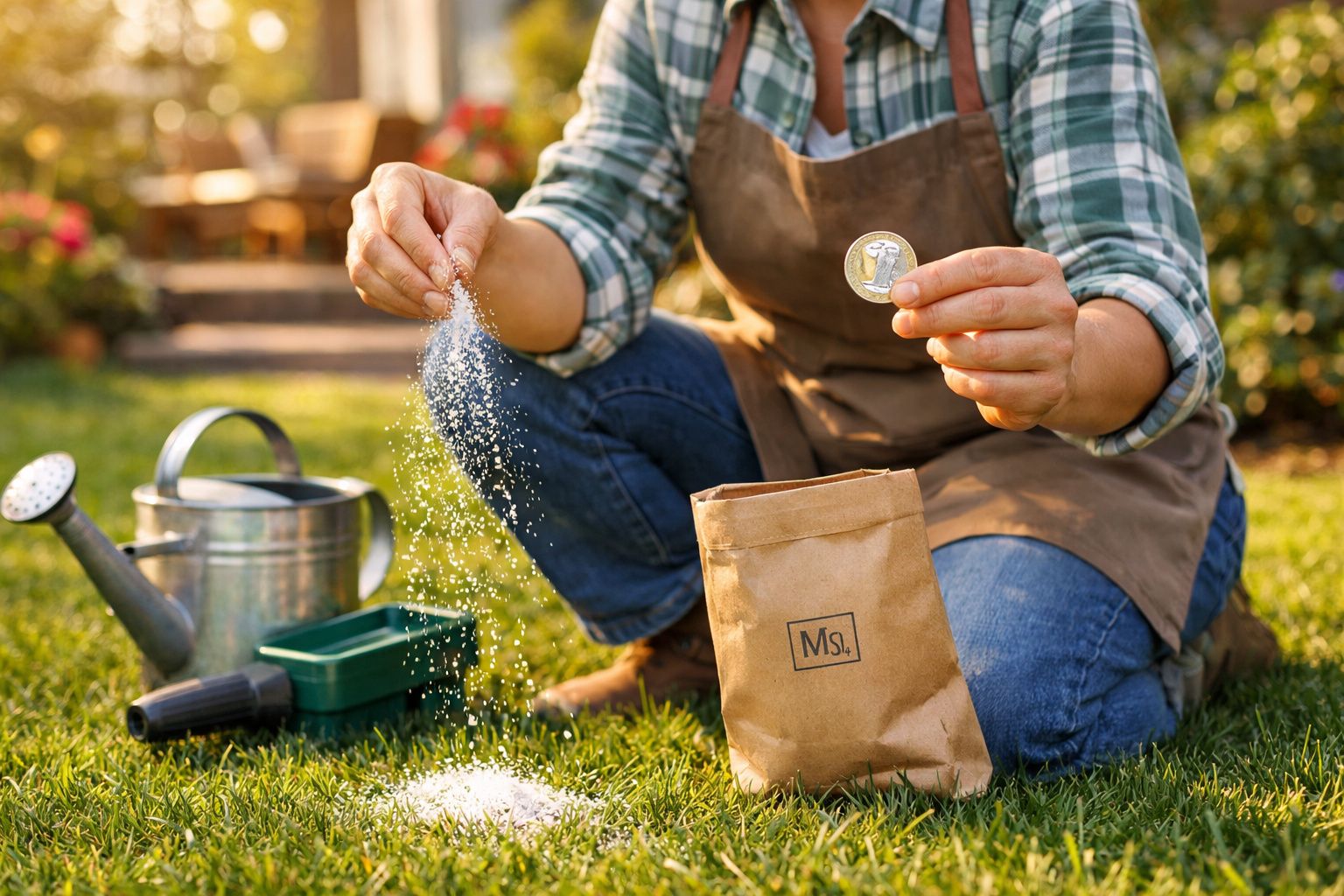 Pessoa aplicando fertilizante em grama com regador e sementes ao lado, em jardim ensolarado.