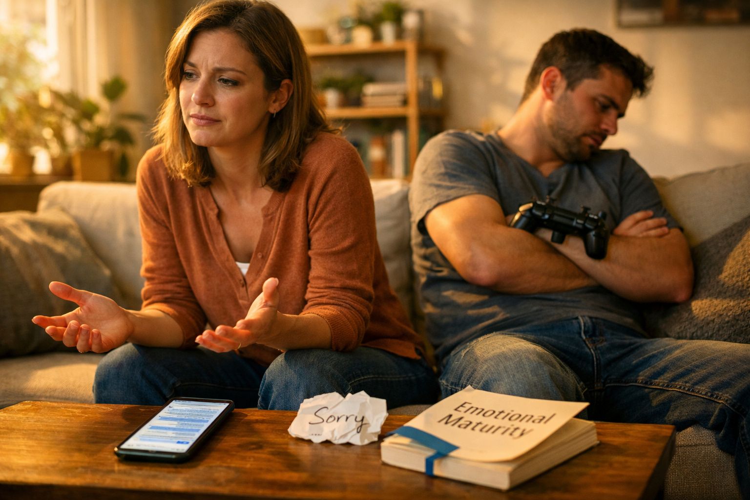 Casal sentado no sofá em silêncio, mulher parece pedir desculpas e homem está de braços cruzados com controle.