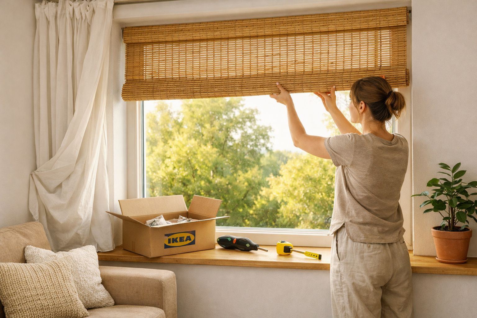 Mulher ajusta persiana de bambu em janela com caixa da IKEA, ferramentas e planta ao lado.