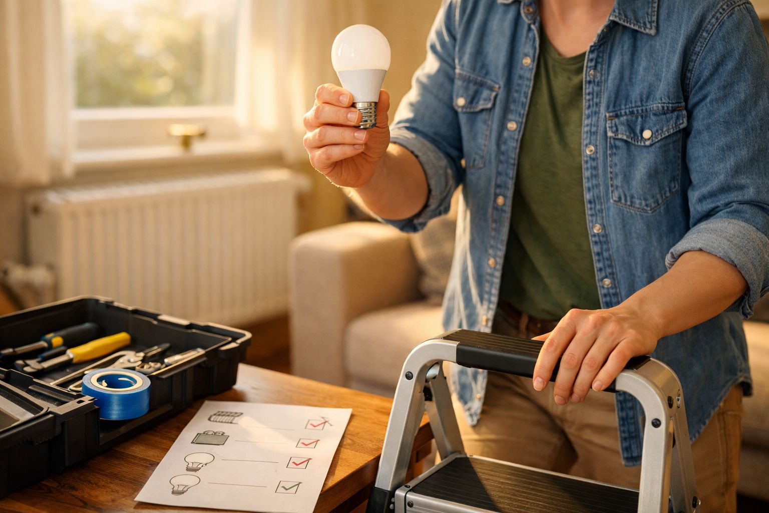 Pessoa segurando lâmpada LED branca ao lado de escada e caixa de ferramentas em ambiente interno iluminado.