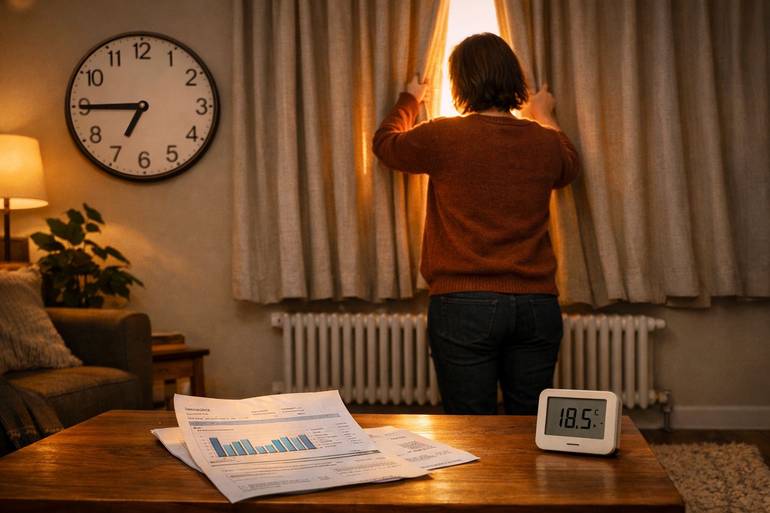 Pessoa abrindo cortina em sala à luz do dia com relógio, termômetro e documentos em mesa de madeira.
