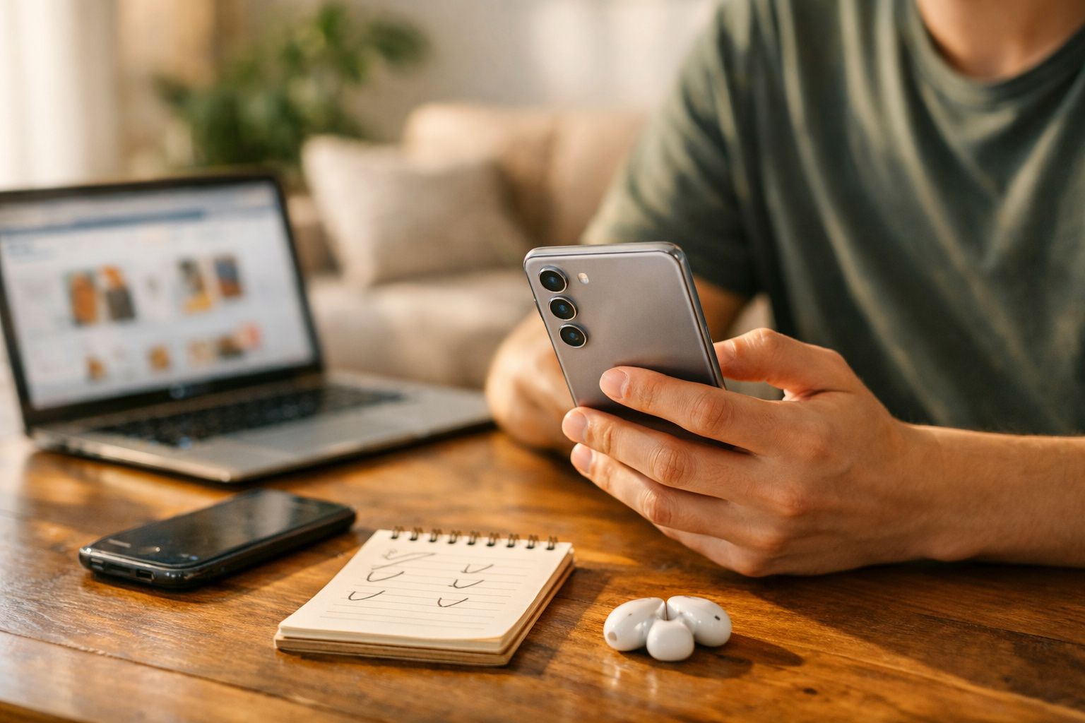 Pessoa usando smartphone com notebook, bloco de notas e fones de ouvido sobre mesa de madeira.