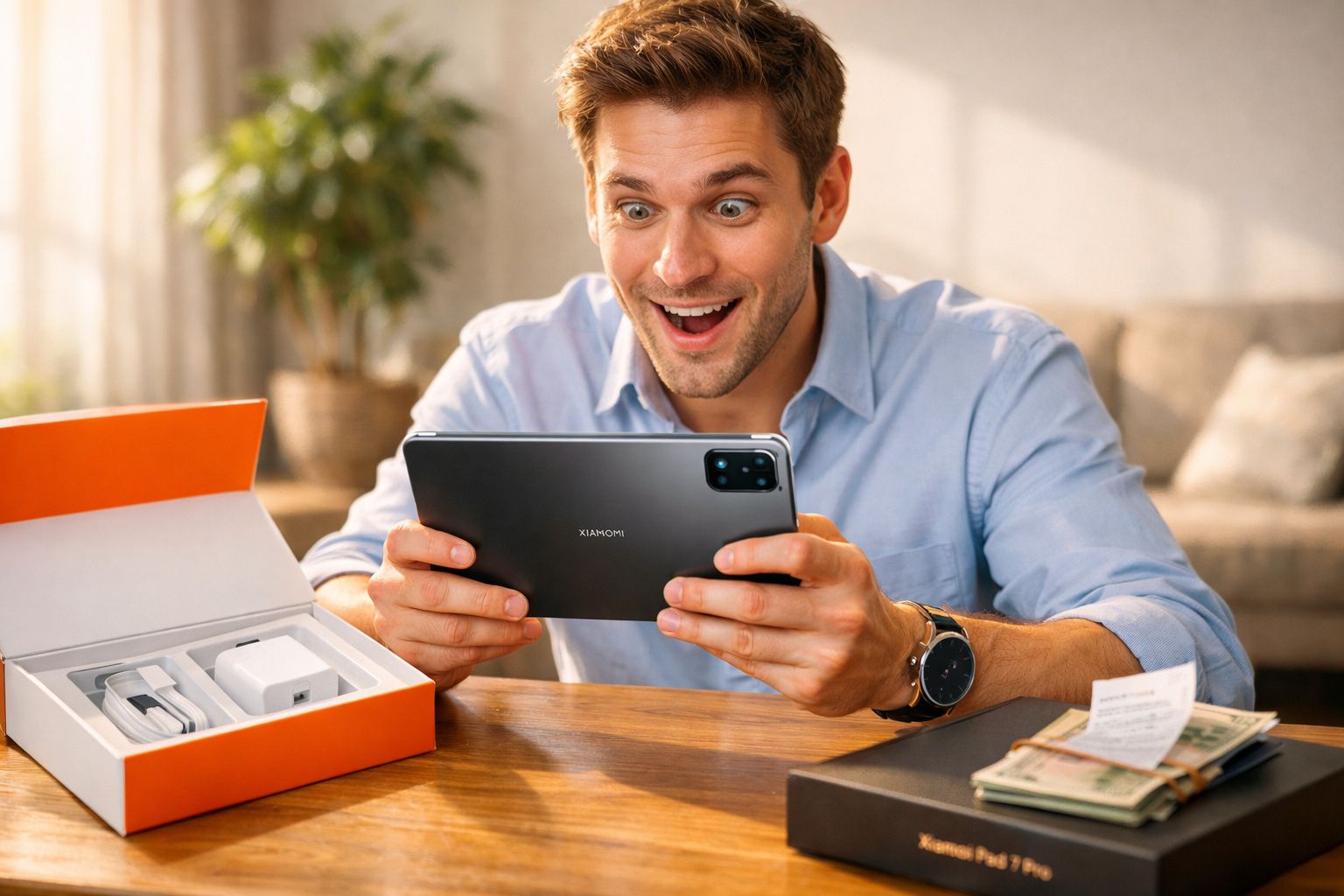 Homem surpreso segura tablet Xiaomi recém-desembalado sentado à mesa com caixa e dinheiro ao lado.