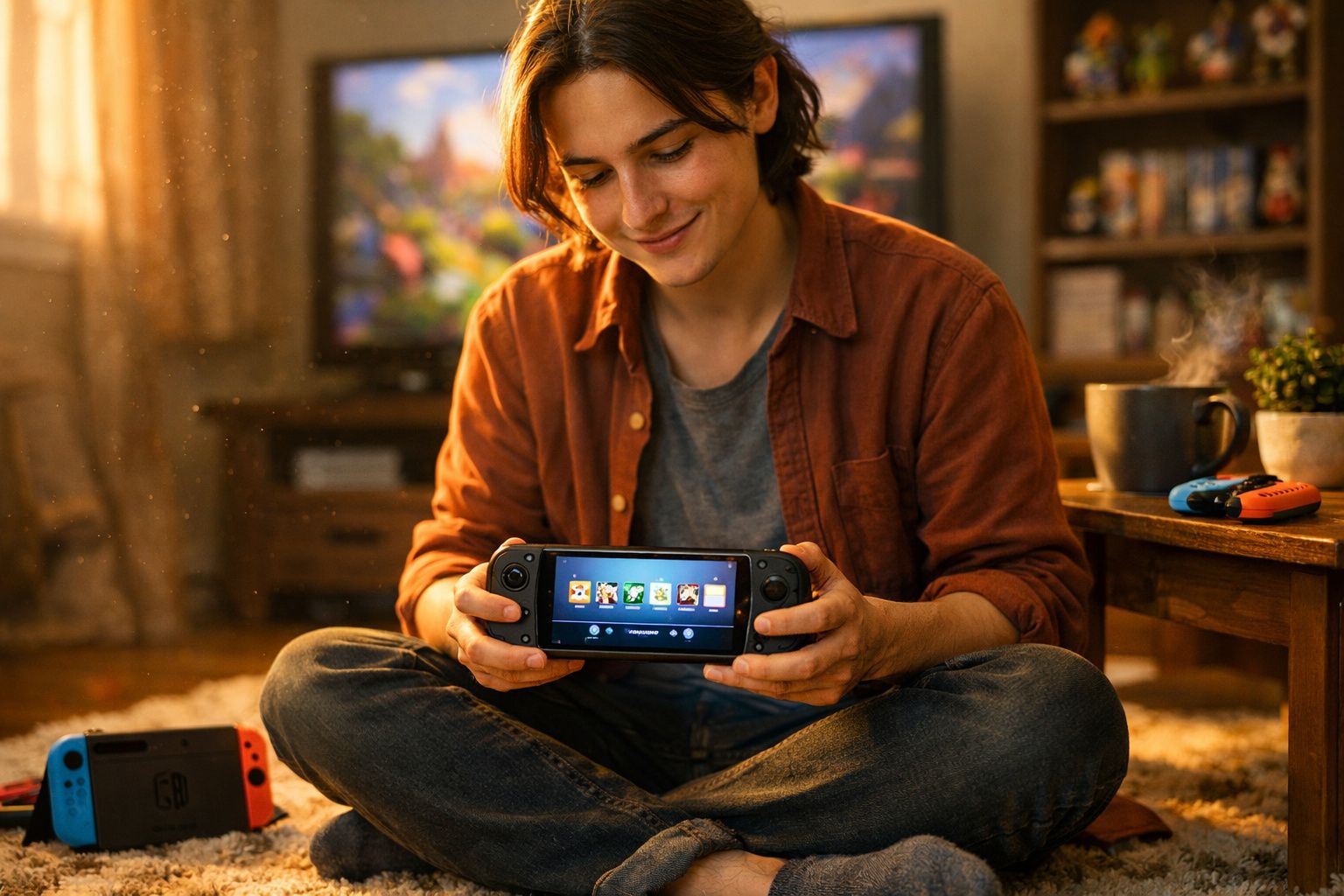 Jovem sentado no chão jogando videogame portátil com controles acoplados em ambiente aconchegante.