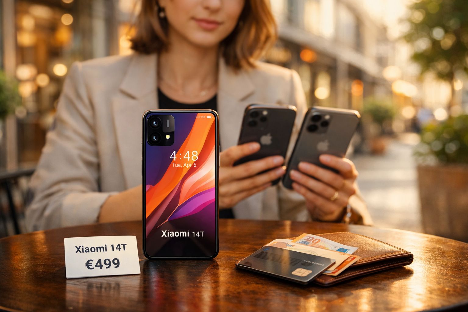 Smartphone Xiaomi 14T em mesa com preço, carteira, cartões e mulher segurando dois celulares.
