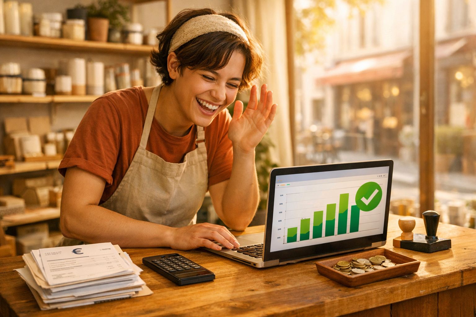 Mulher sorridente com avental analisando gráfico de crescimento no laptop em pequena loja.