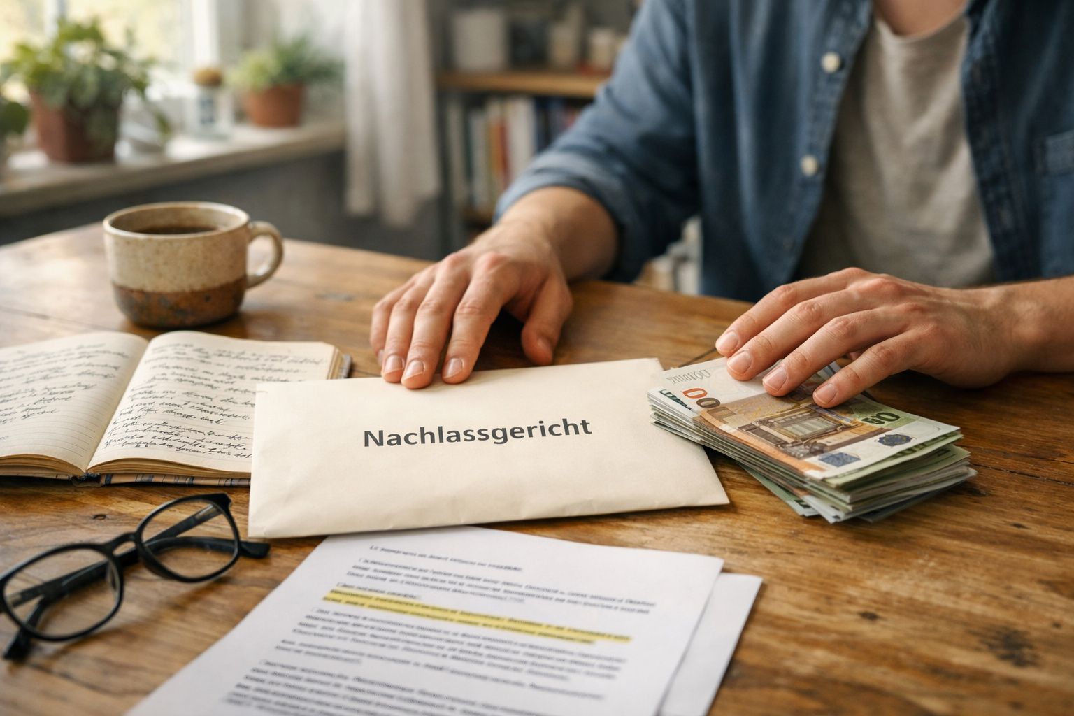 Pessoa sentada à mesa com envelope escrito "Nachlassgericht", dinheiro, documentos, óculos e caneca.