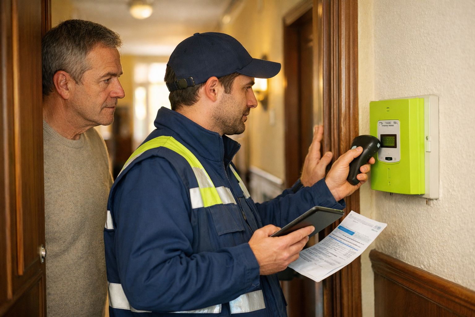 Técnico de energia medindo consumo em residência, acompanhado por morador, segurando tablet e conta de luz.