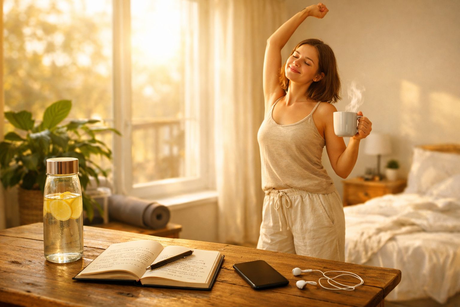 Mulher relaxando com chá quente em um quarto iluminado pela luz natural da manhã.