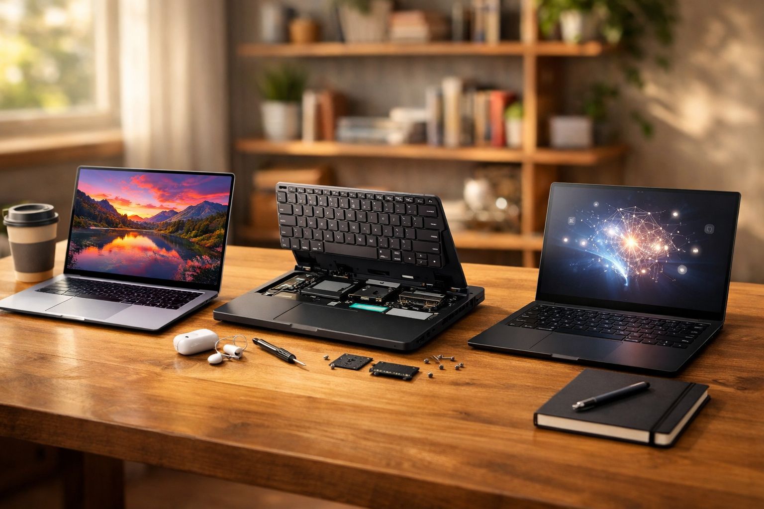 Mesa de madeira com dois notebooks, um aberto para manutenção, fones, caneta e caderno com caneta.