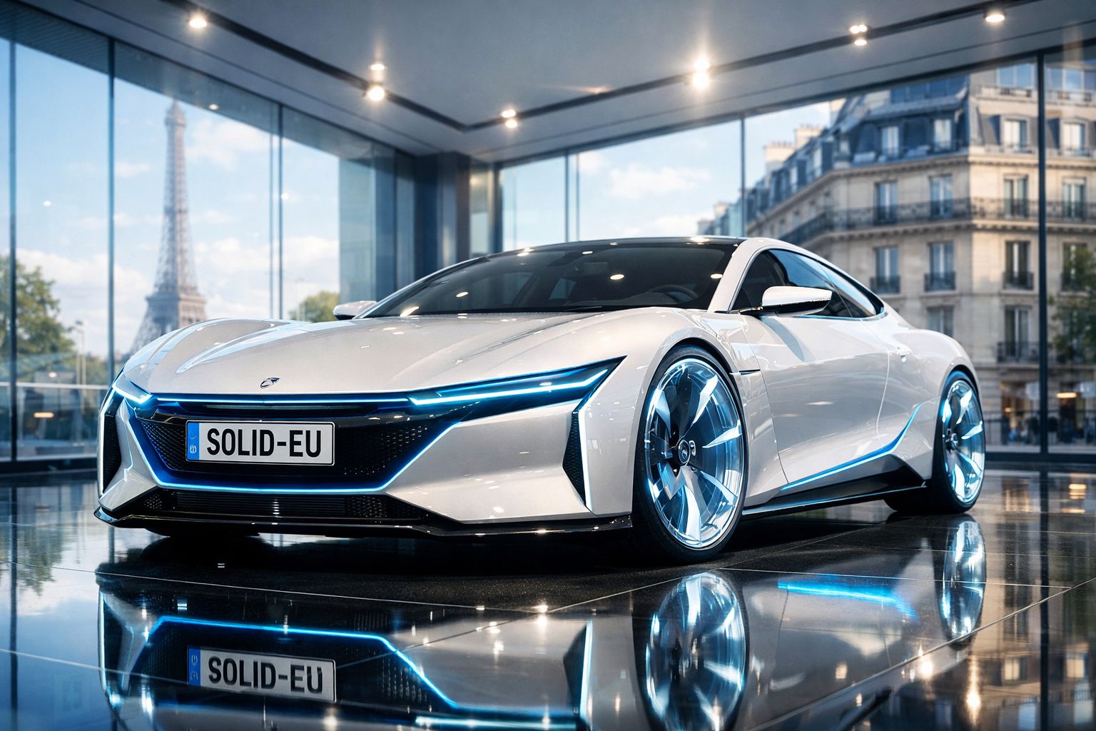 Carro esportivo elétrico branco futurista em vitrine com Torre Eiffel ao fundo em Paris.