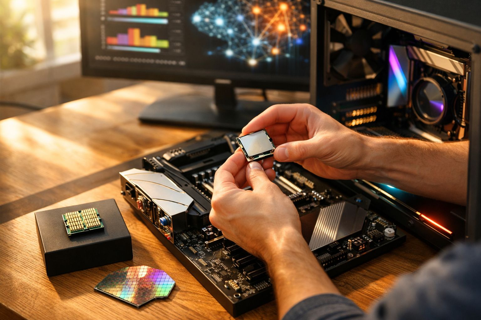 Pessoa segurando um processador perto de uma placa-mãe em uma mesa com computador aberto e monitor ligado.