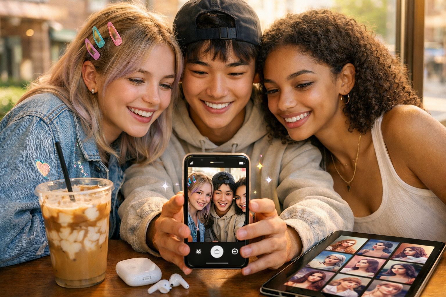 Três jovens amigos sorrindo enquanto tiram uma selfie em um café, com bebida e tablet na mesa.