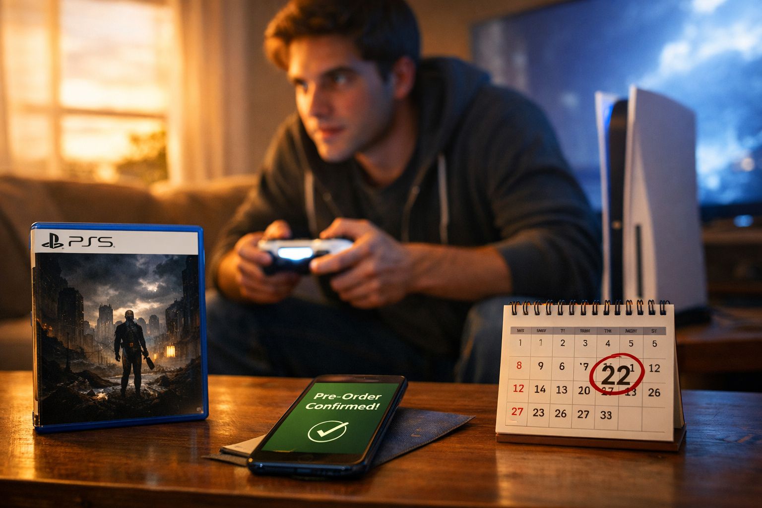 Homem jogando videogame PS5 com calendário marcando data de lançamento e confirmação de pré-venda no celular.