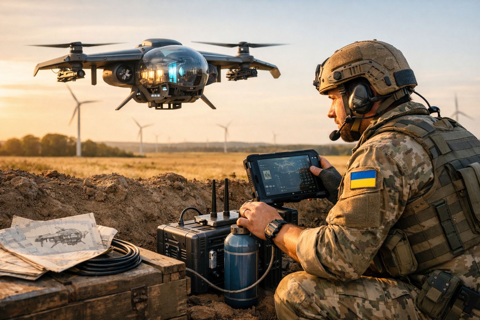 Soldado operando drone militar em campo aberto com turbinas eólicas ao fundo no pôr do sol.