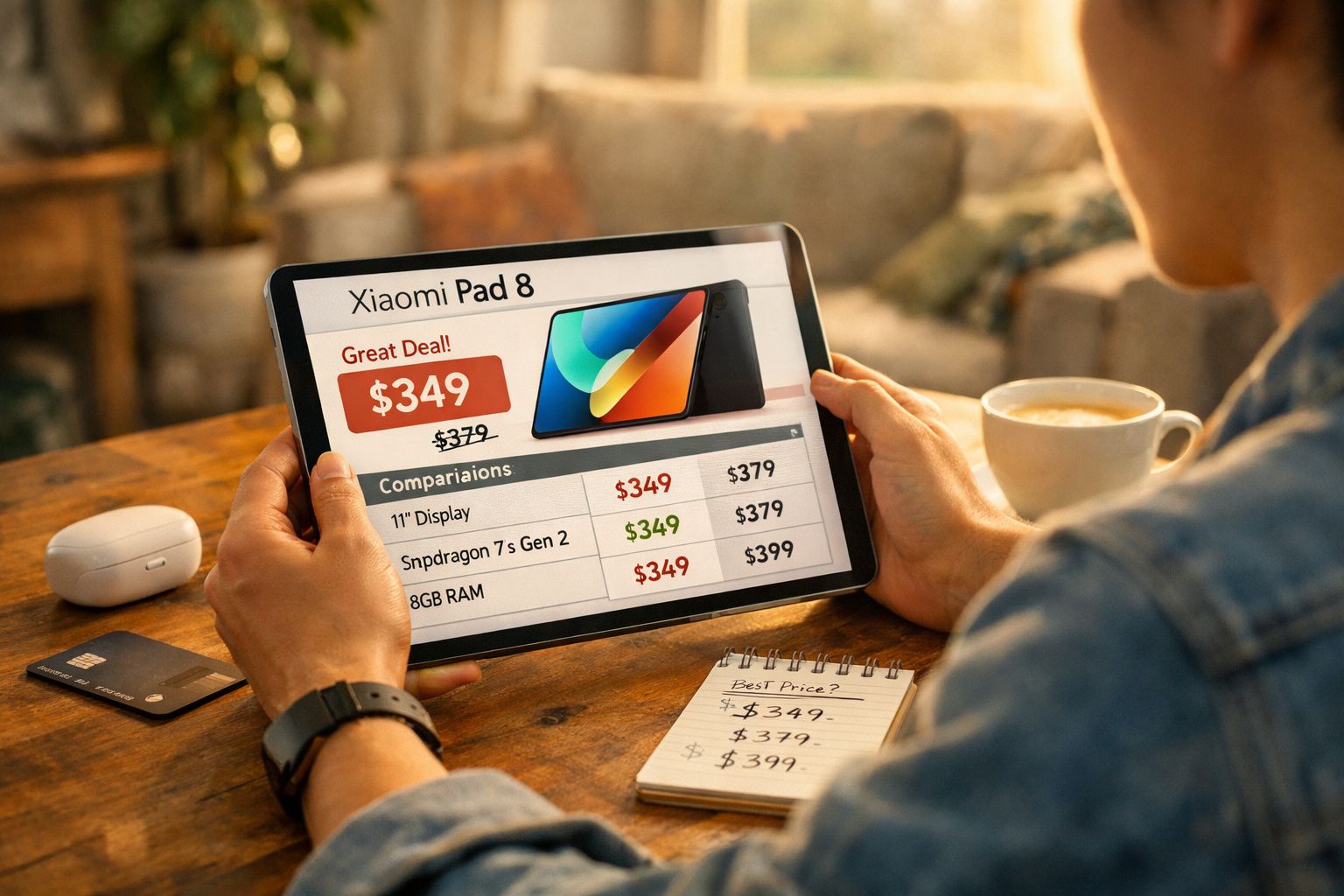Pessoa segurando tablet mostrando oferta do Xiaomi Pad 8 com preço e especificações, sentado em mesa com café e bloco de nota