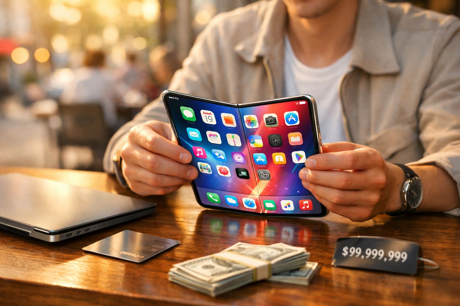 Pessoa segurando smartphone dobrável com tela aberta, ao lado de laptop, cartão e dinheiro na mesa.