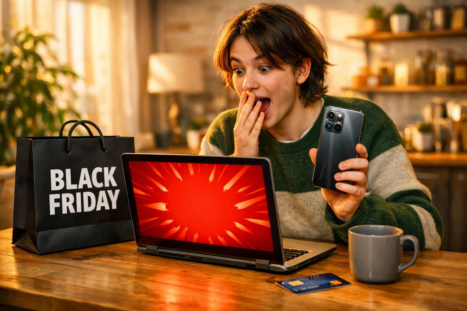 Jovem surpresa fazendo compras online em laptop, segurando celular, com sacola de Black Friday na mesa.
