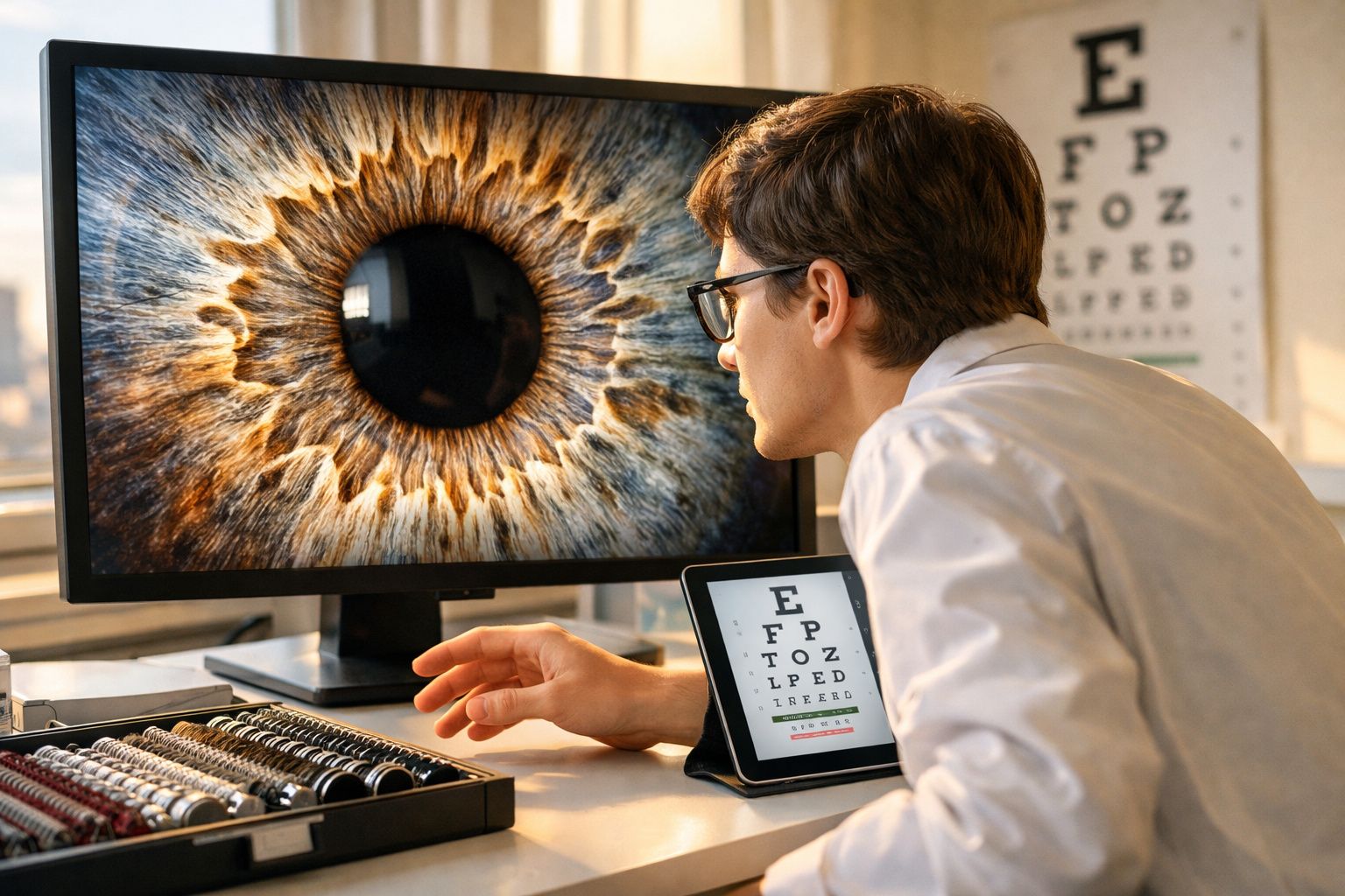 Homem em ambiente clínico olhando para imagem ampliada de íris no monitor com tabela de teste de visão ao lado.