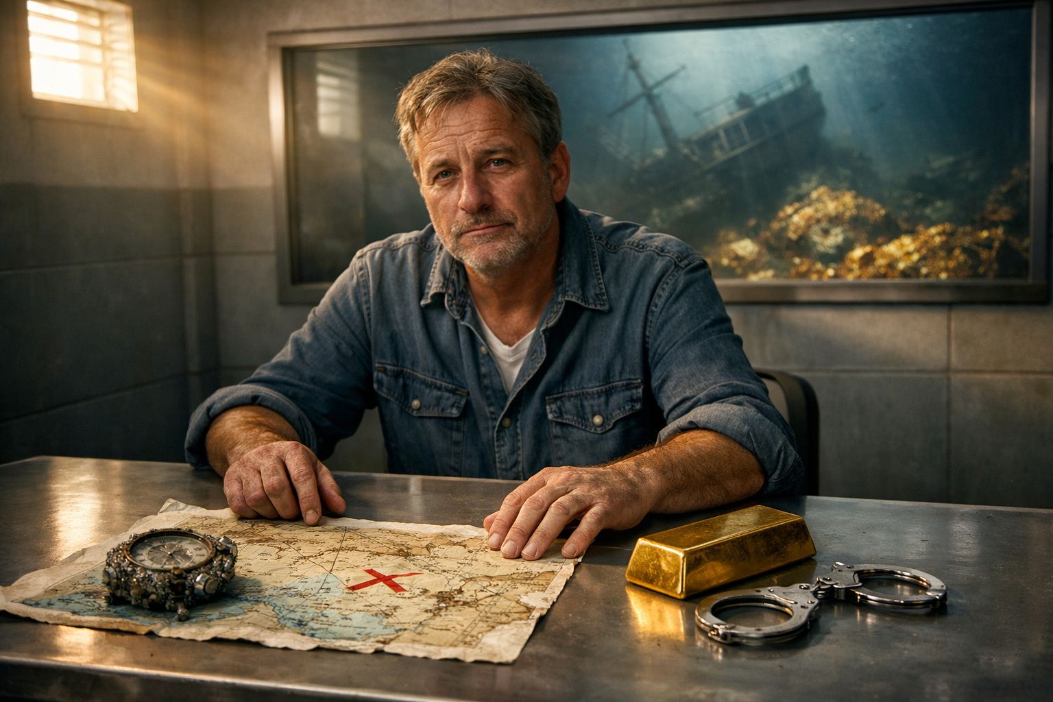 Homem sentado à mesa com mapa antigo, barra de ouro, algemas e bússola enferrujada em ambiente iluminado.