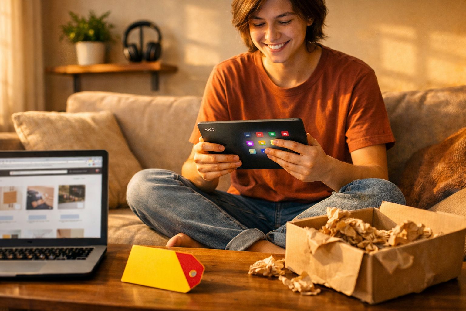 Pessoa sentada no sofá usando tablet, com laptop na mesa e caixa de papelão com papel amassado.