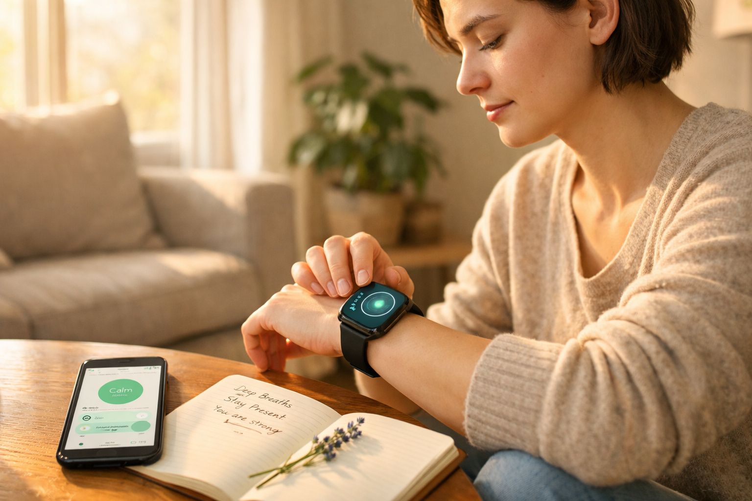 Mulher usando relógio inteligente e aplicativo de meditação sentado à mesa com caderno aberto em ambiente aconchegante.
