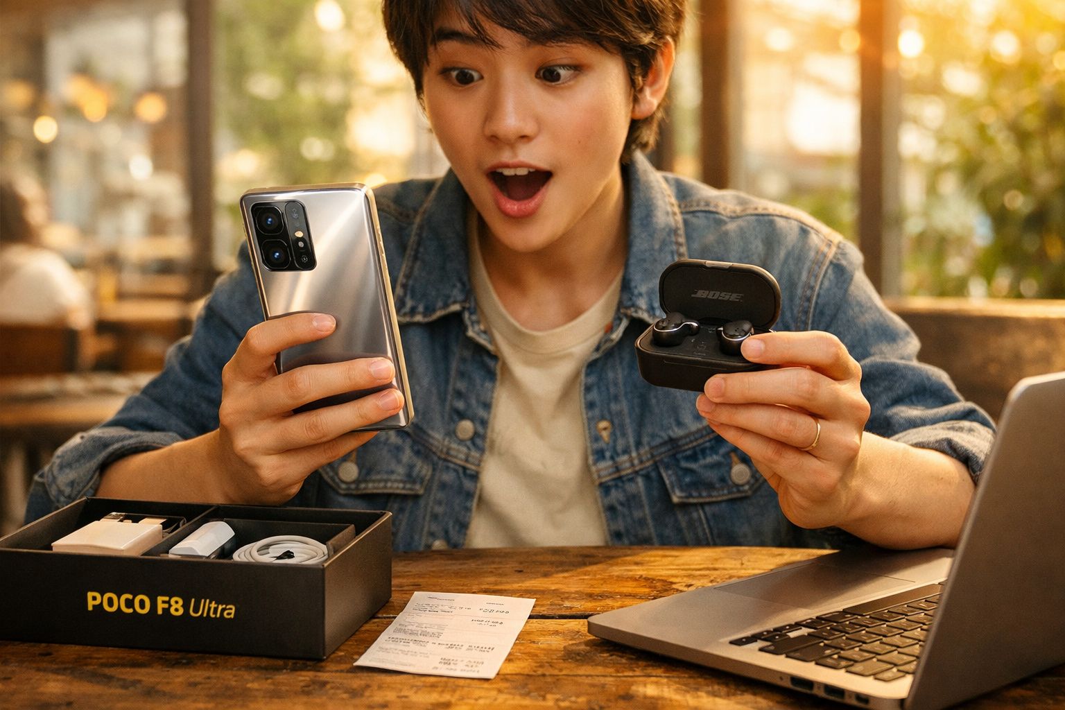 Pessoa surpresa segurando smartphone e fones de ouvido sem fio ao lado da caixa do Poco F8 Ultra e notebook.
