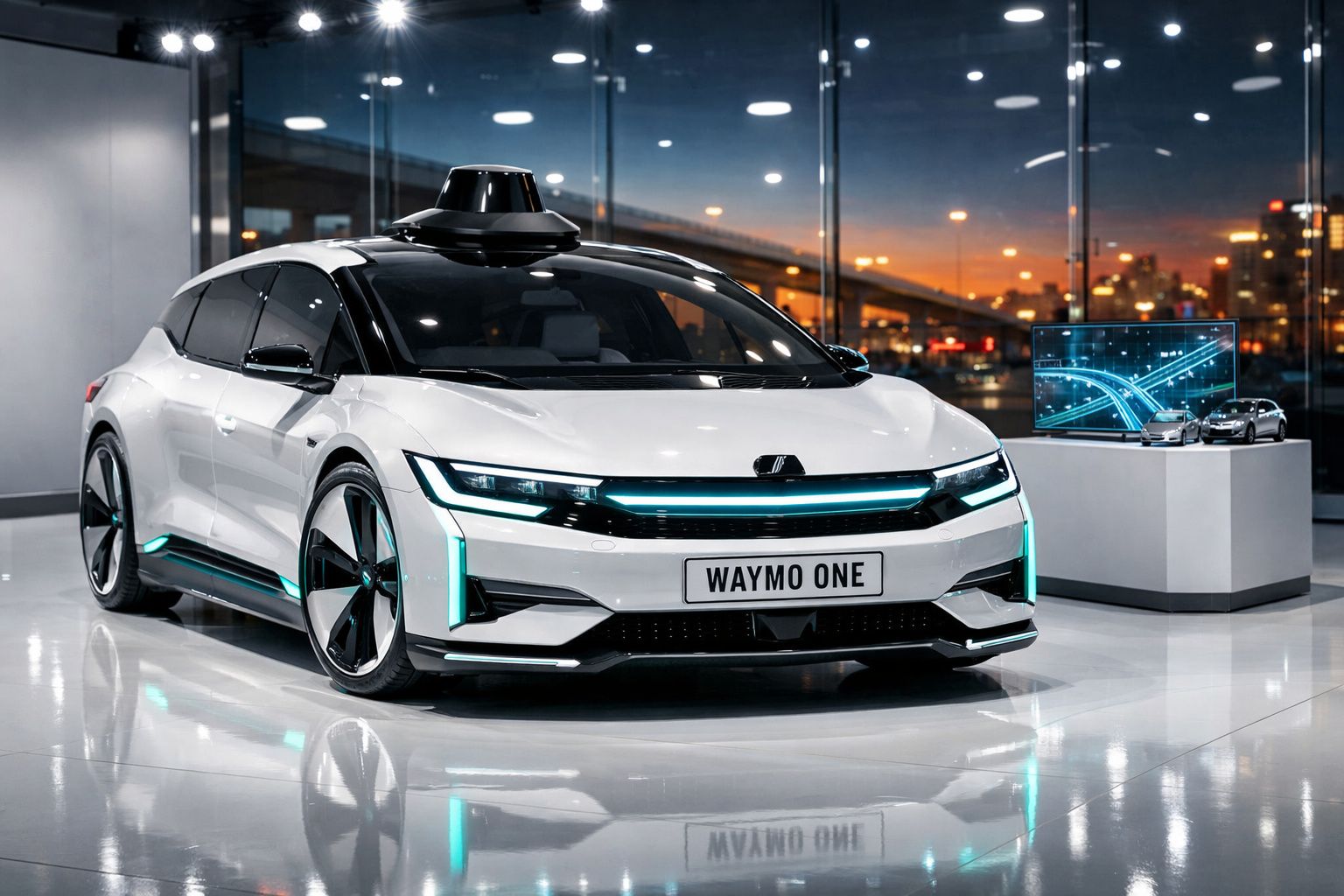 Carro autônomo branco Waymo One com sensores no teto exposto em showroom moderno.
