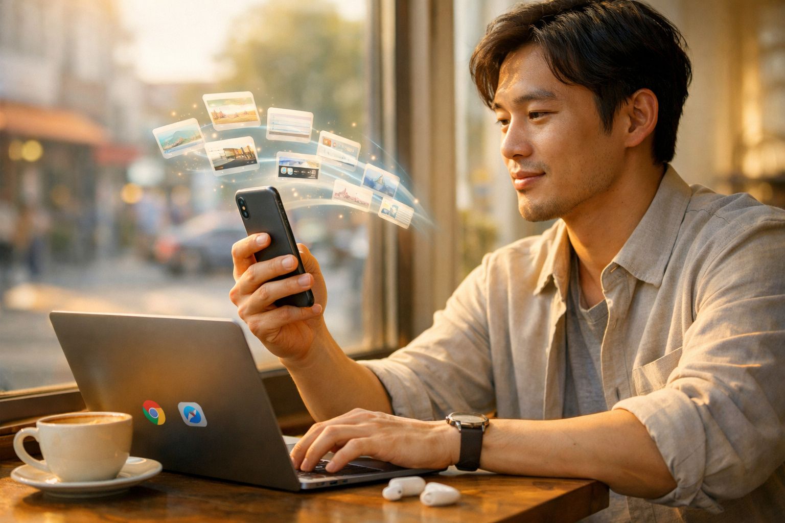 Homem sentado em café usando celular e laptop, com imagens virtuais flutuando ao redor do celular.