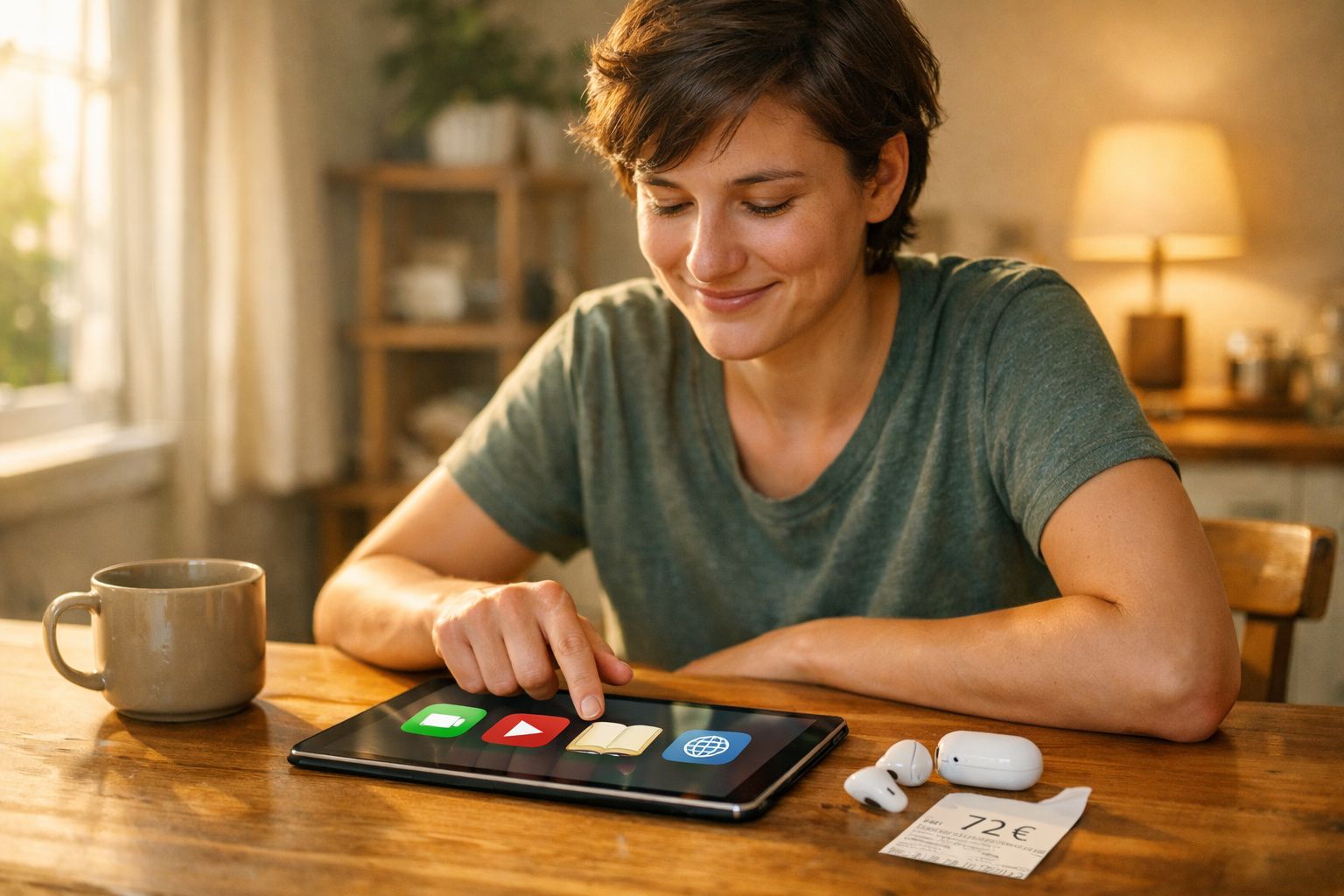 Mulher sorridente usando tablet em uma mesa com fones de ouvido e caneca ao lado em ambiente aconchegante.