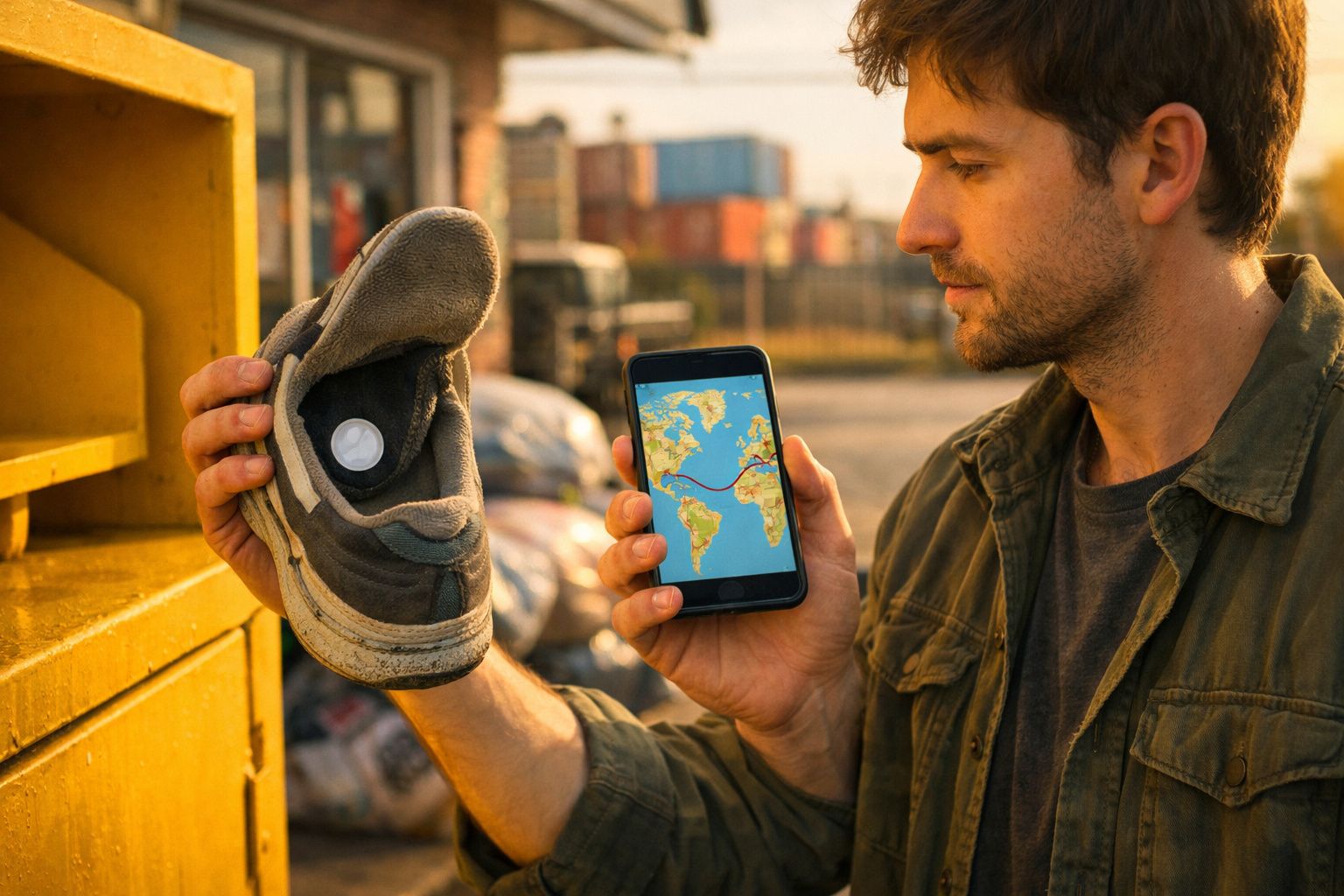Homem segurando tênis com dispositivo e celular mostrando mapa-múndi com rota traçada.