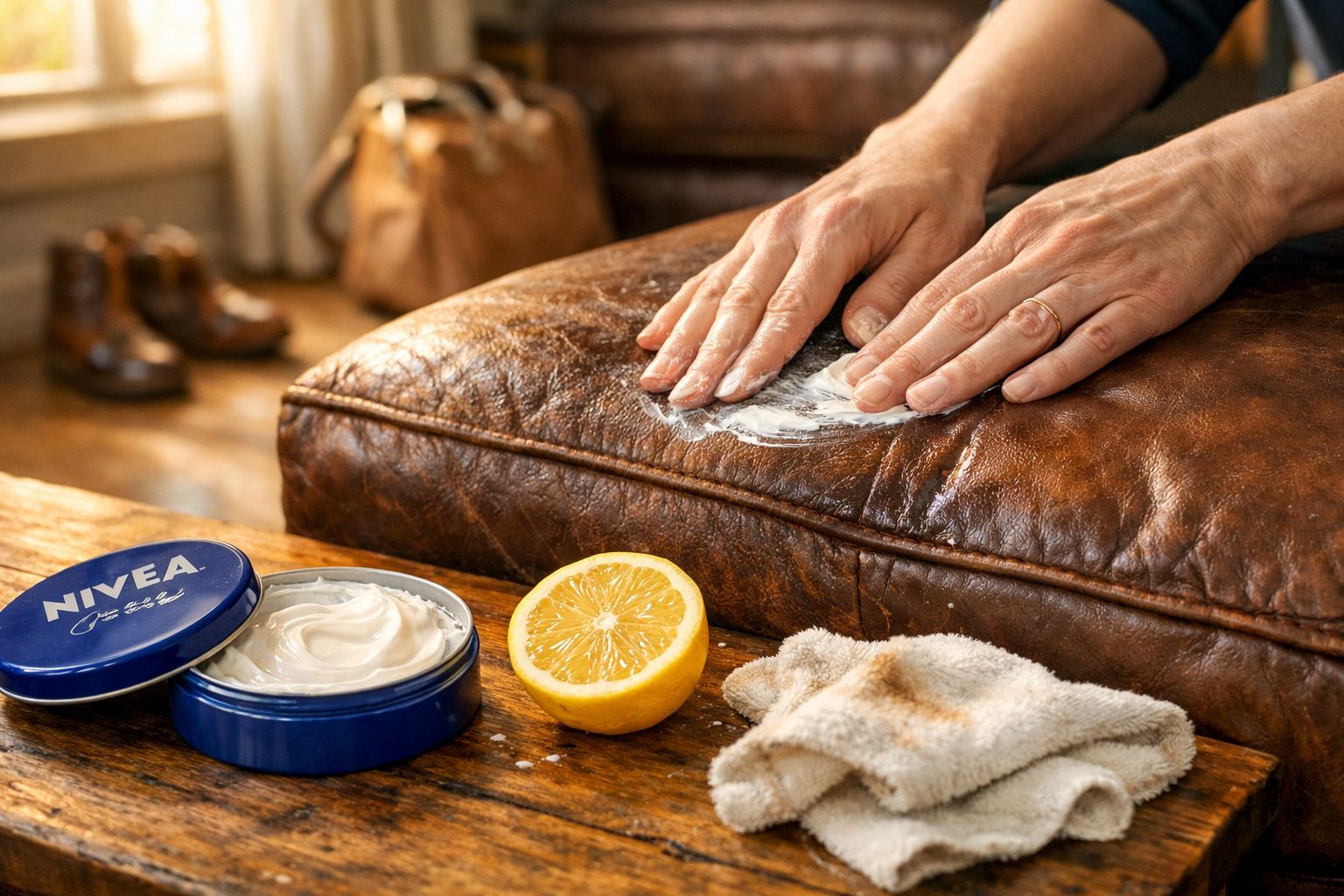 Mãos aplicando creme Nivea para hidratar poltrona de couro marrom com limão e pano ao lado.