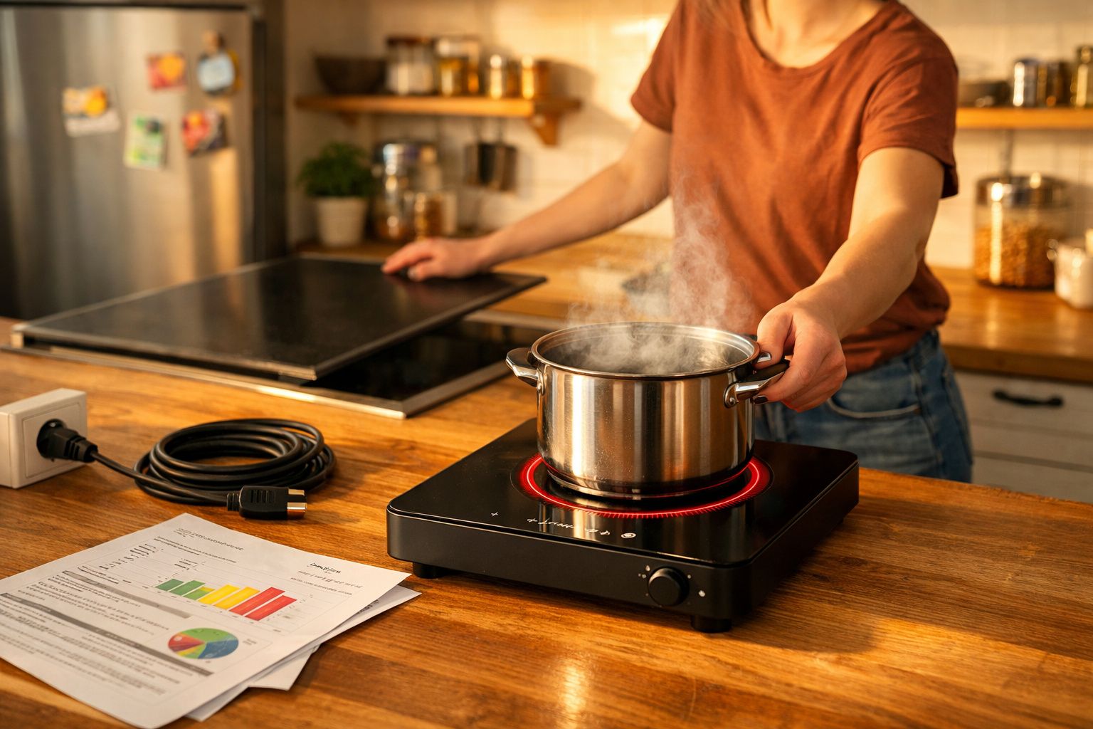 Pessoa segurando panela de aço inox com vapor em fogão elétrico portátil sobre bancada de madeira.