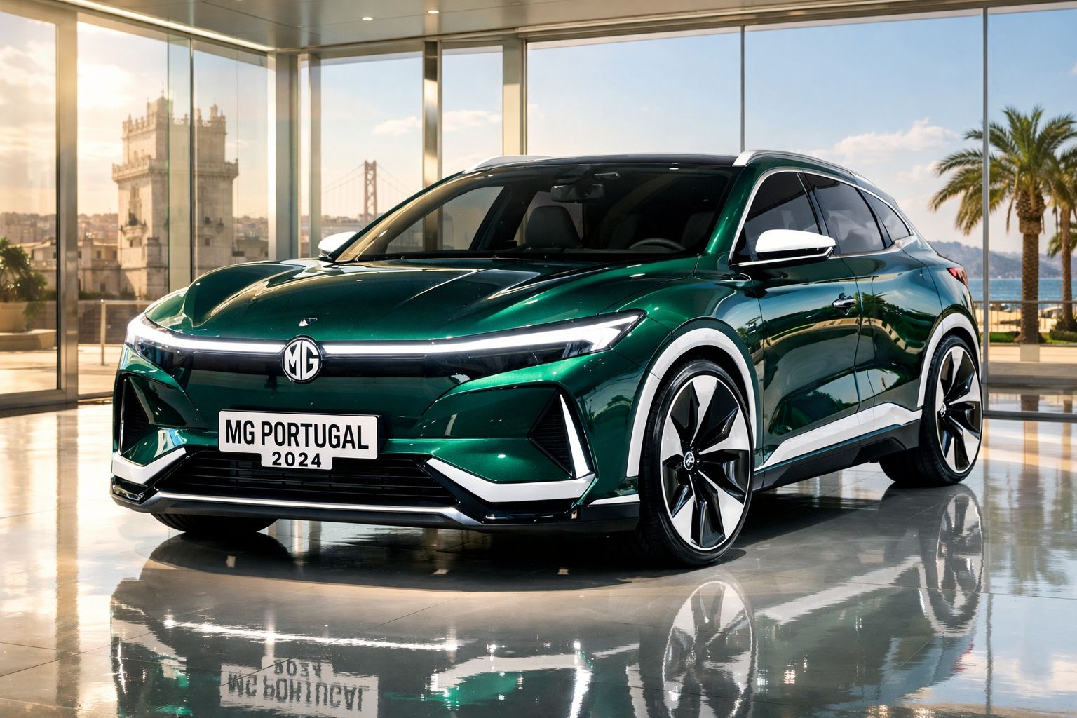 Carro elétrico verde MG estacionado em showroom com vista para a Ponte 25 de Abril ao fundo em Portugal.