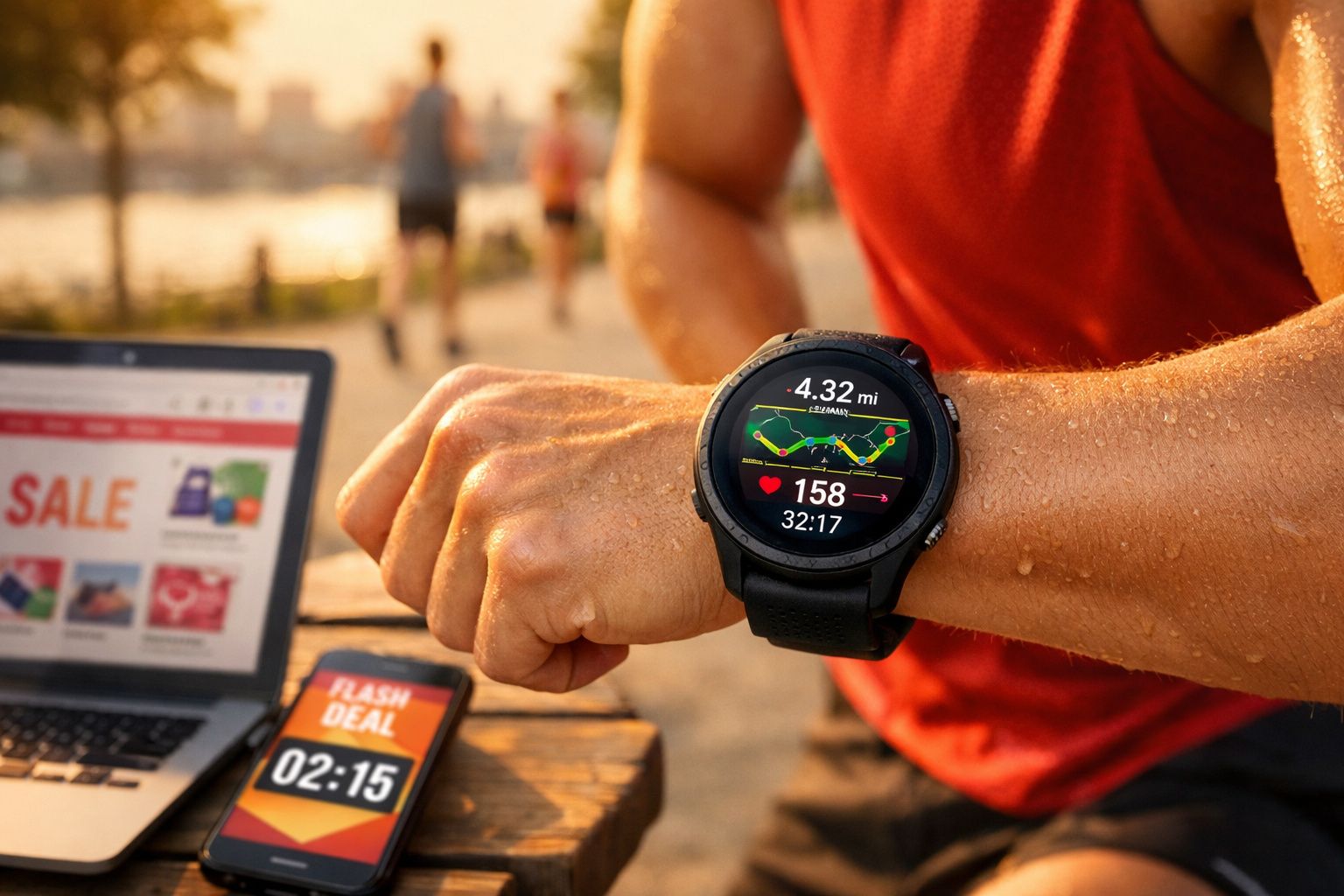 Pessoa verificando smartwatch com dados de corrida e batimentos cardíacos ao ar livre, próximo a laptop e celular.