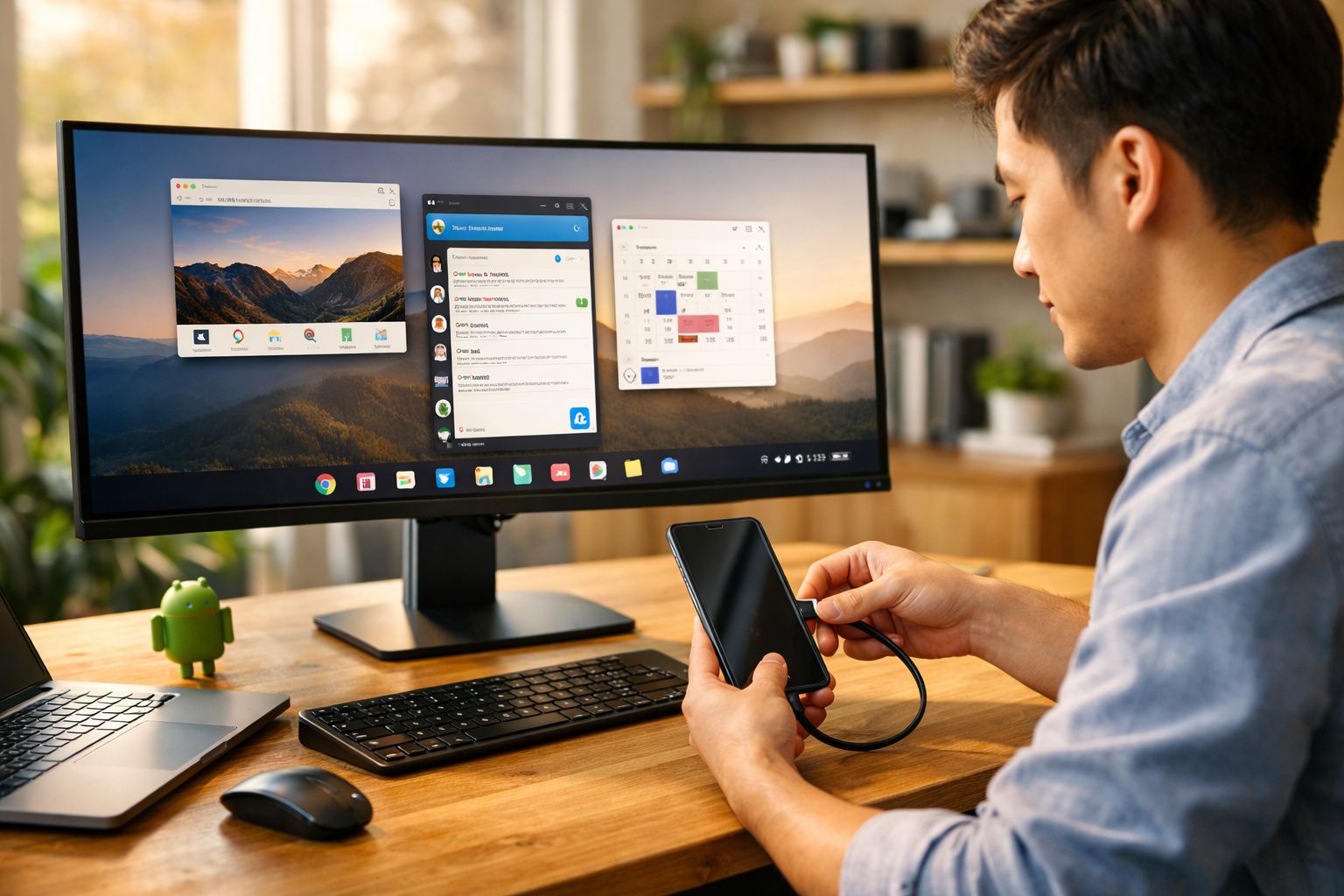 Homem conectando smartphone a monitor ultrawide com aplicativos abertos em ambiente de escritório.