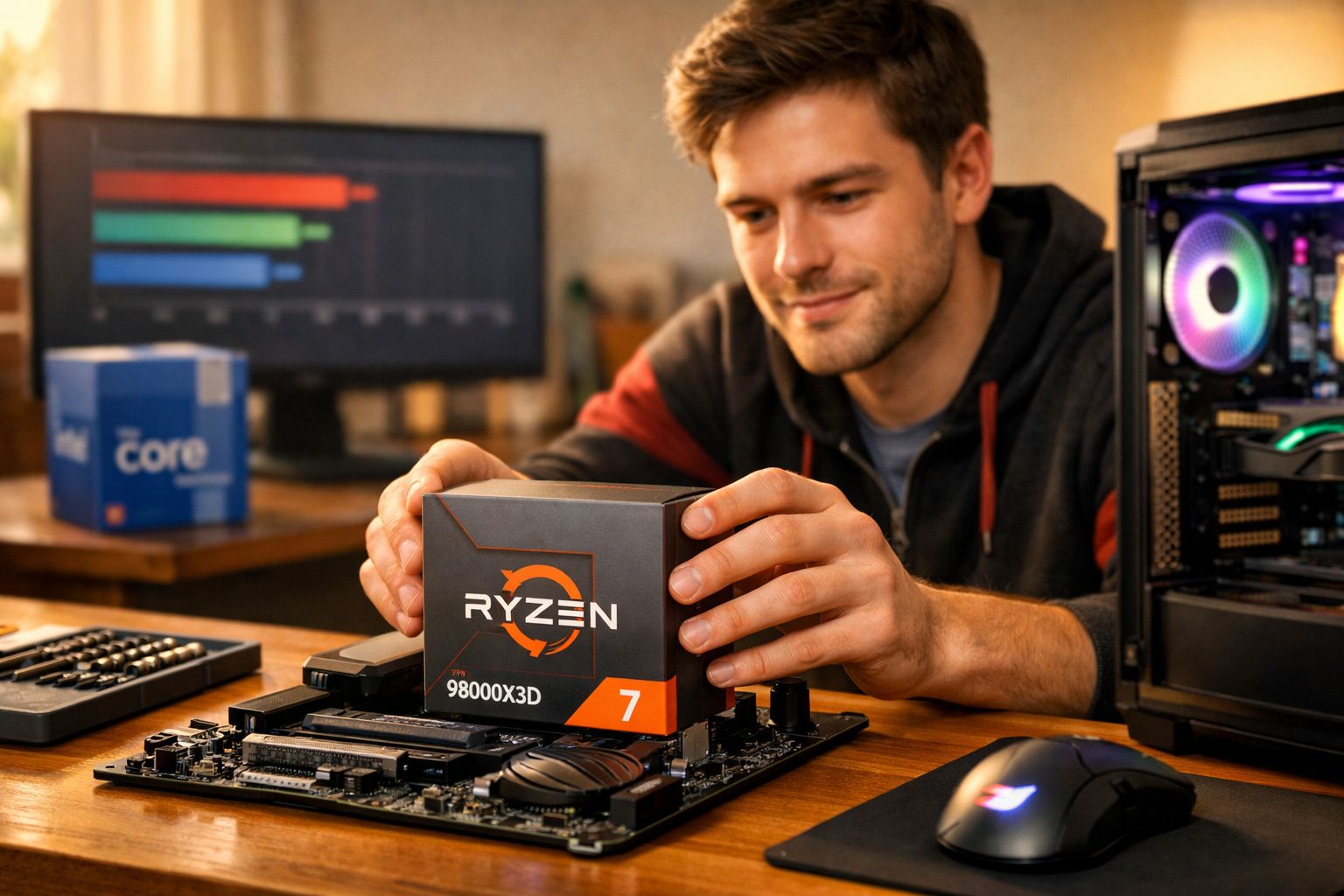 Homem instala processador Ryzen 7 9800X3D em placa-mãe com computador e monitor ao fundo.