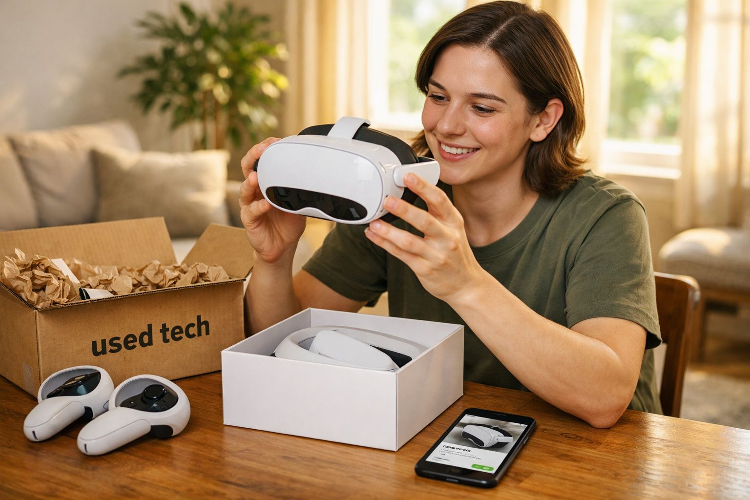 Mulher sorridente segurando óculos de realidade virtual branca em uma sala iluminada.