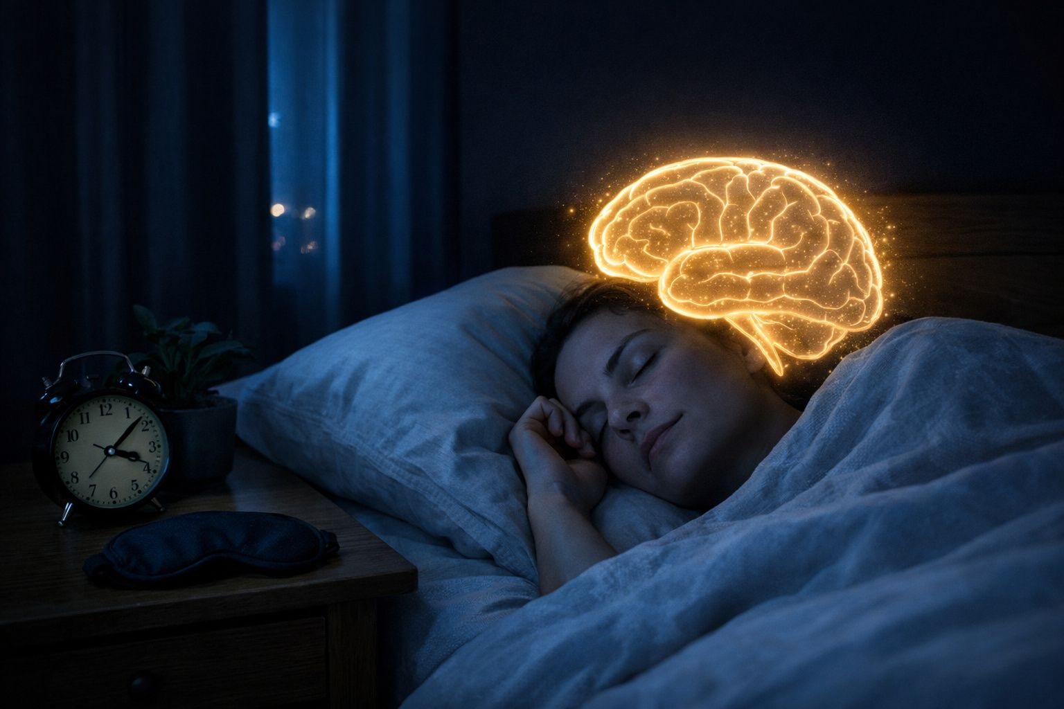 Pessoa dormindo com um cérebro iluminado simbolizando atividade cerebral durante o sono.