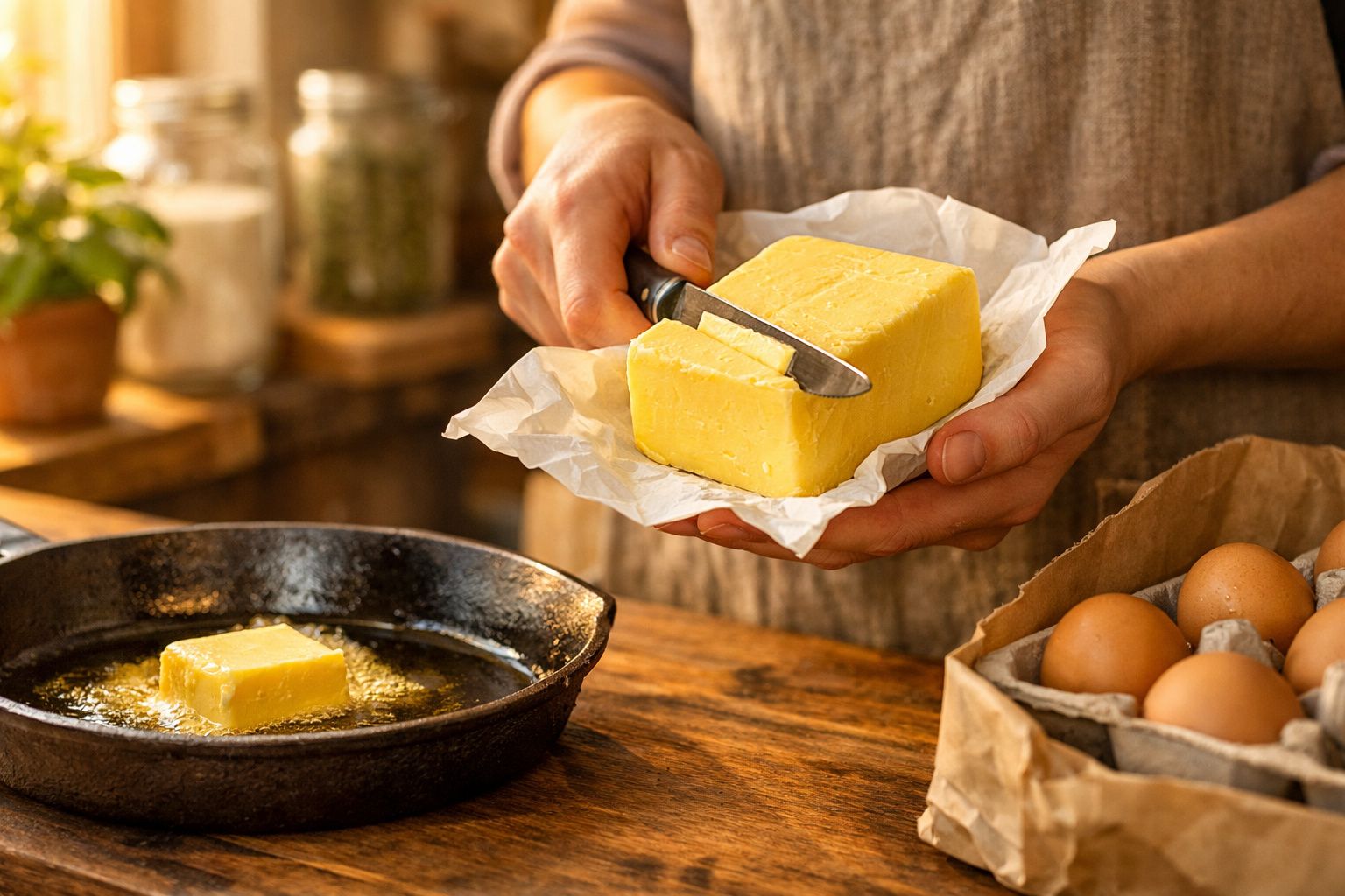 Pessoa cortando manteiga para derreter em frigideira com ovos frescos em embalagem de papelão ao lado.