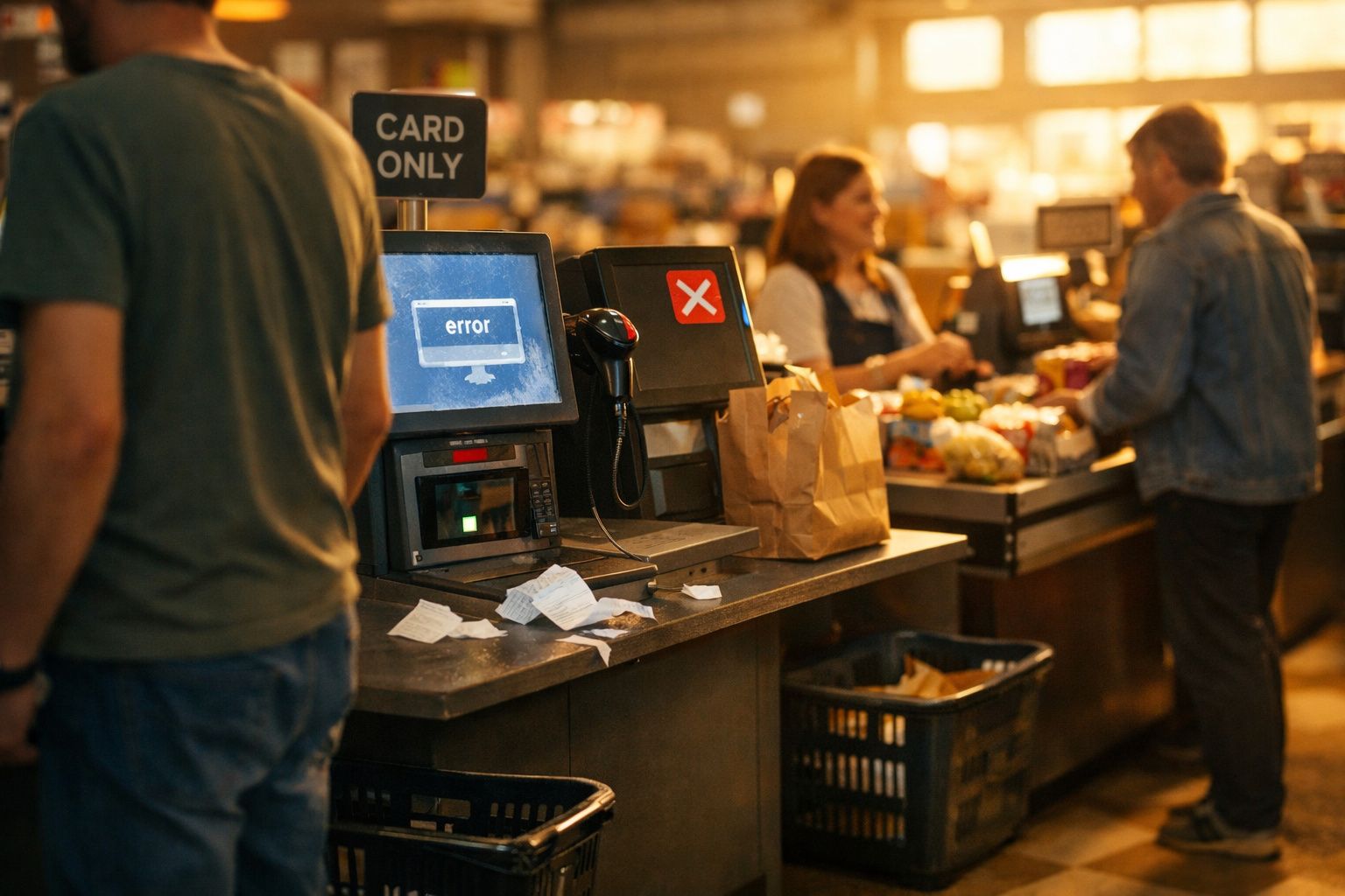 Caixa eletrônico com erro na tela "card only" e cliente aguardando atendimento em mercado.