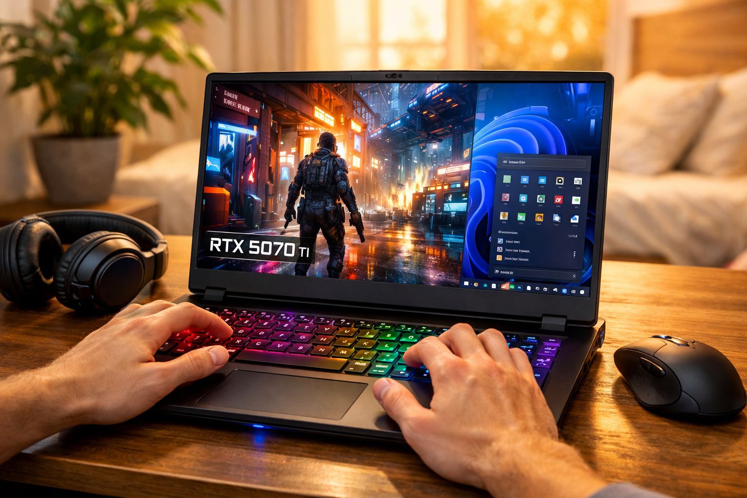 Pessoa usando notebook gamer com teclado RGB, mouse preto e fones de ouvido sobre mesa de madeira.