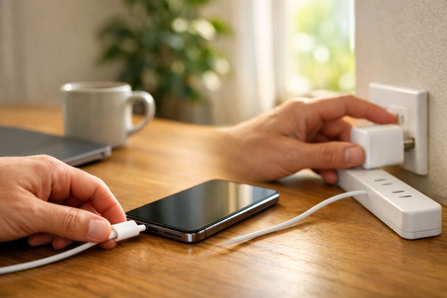 Pessoa conectando cabo para carregar smartphone em tomada, com caneca e laptop ao fundo.