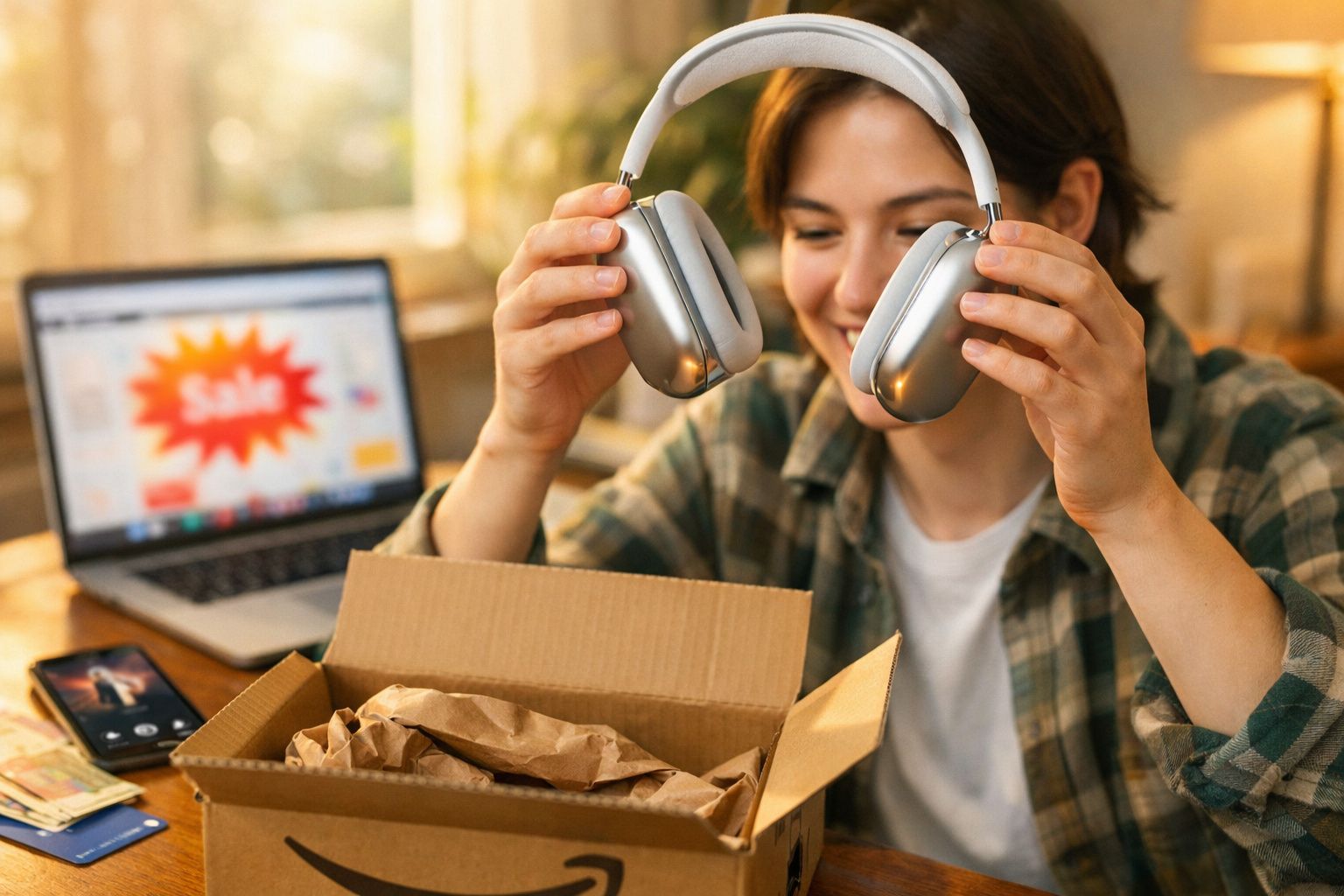 Mulher abrindo caixa com fones de ouvido prateados, laptop com promoção de venda ao fundo.