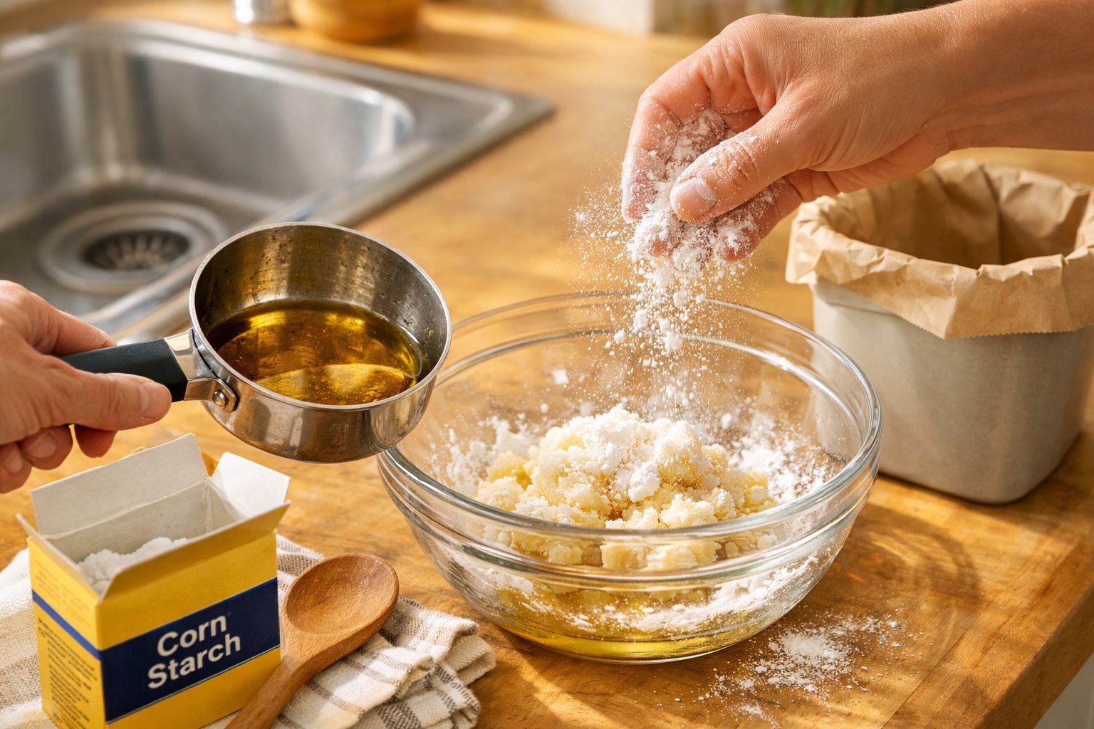 Mãos adicionando amido de milho e óleo em uma tigela com ingredientes para receita na cozinha.