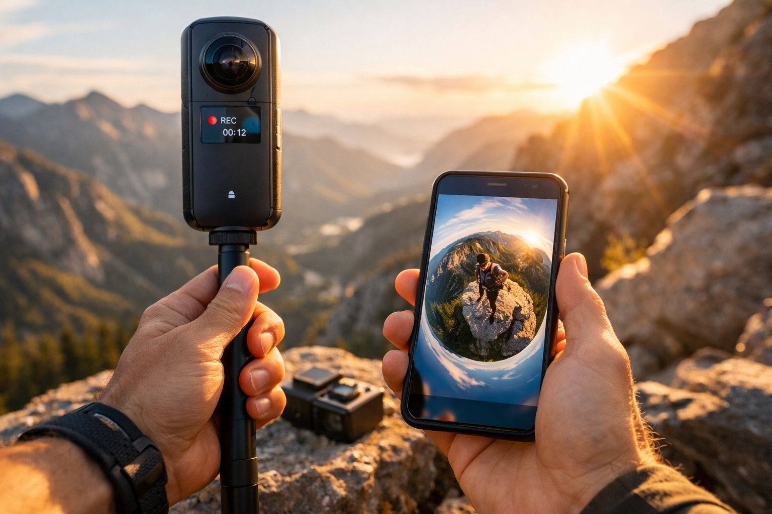 Pessoa segurando câmera 360º e celular mostrando imagem em 360 graus na montanha ao pôr do sol.