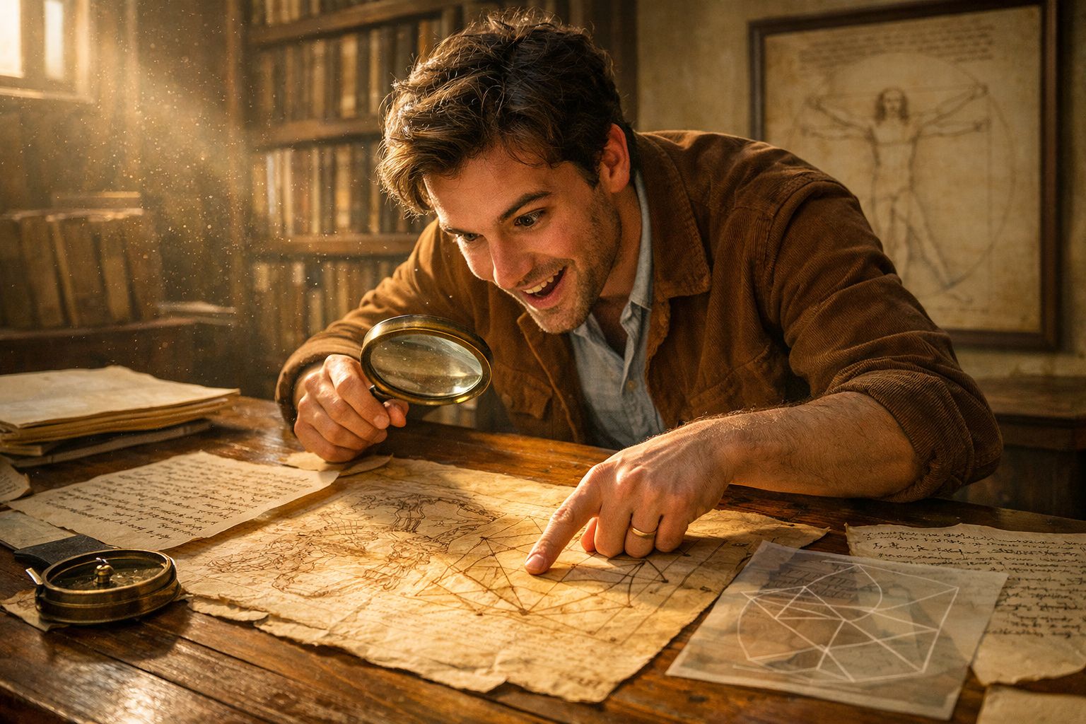 Homem animado com lupa examinando mapa antigo sobre mesa de madeira em ambiente vintage.